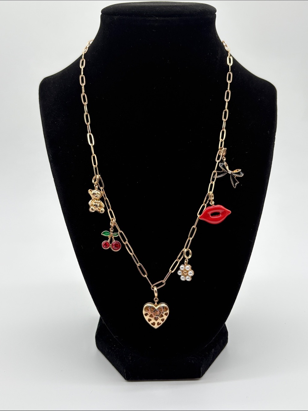 Gold Paperclip Chain Charm Necklace Red Lip Cherry Heart Statement